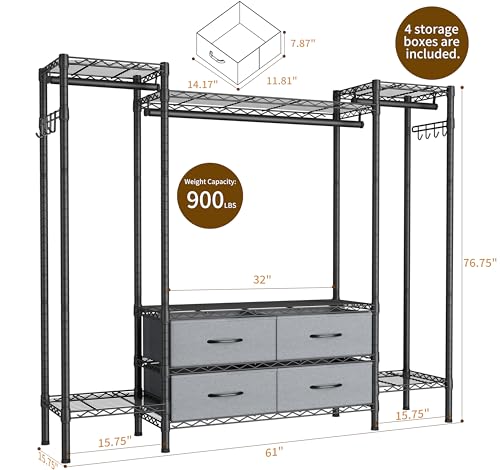 Golpart Heavy Duty Garment Rack Clothes Rack,Large Metal Closet Organizer System Storage Wardrobe,Freestanding Clothing Rack with 8 Adjustable Wire Shelves&3 Hang Rods,MaxLoad 900lbs - color: Black, size: 15.75"D x 61"W x 76.5"H