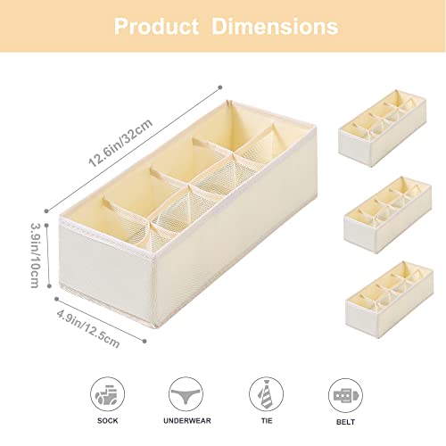 Qozary 3 Pack Sock Underwear Drawer Organizer Dividers, Collapsible Cabinet Closet Storage Boxes for Clothes, Socks, Lingerie, Underwear, Tie, Belt, Baby, Bedroom - color: Beige, size: 8 Cells