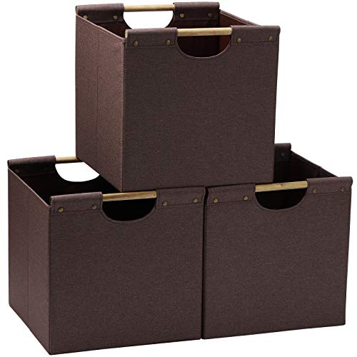 HOONEX Collapsible Storage Bins, 13x13x13 Inches Storage Cubes Linen Fabric, 3 Pack, Storage Baskets with Wooden Carry Handles and Sturdy Heavy Cardboard, for Home, Office, Car, Nursery, Brown - color: Brown, size: 13" L x 13" W x 13" H