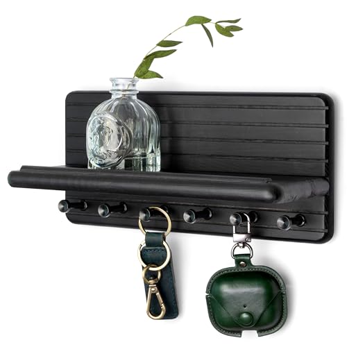 Rebee Vision Decorative Key Holder Wall Mount for Room Decor Aesthetic – Chic 11-Inch Wooden Key Holder for Wall with 6 Hooks & Floating Shelf - Elegant Home Organization Accent (Black) - color: Black, size: Medium-11inch