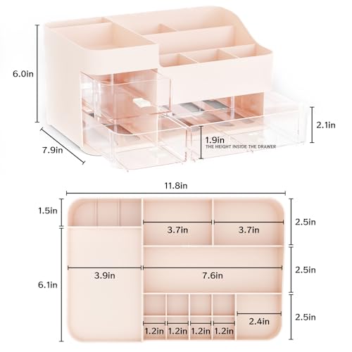 SuoXing Pink Makeup Organizer for Vanity,Large Plastic Skincare Organizers With Drawers,Bathroom Counter Organizer Cosmetic Storage for Dresser Top Skin Care,Lotion,Beauty Products and Brush Holder - color: Pink