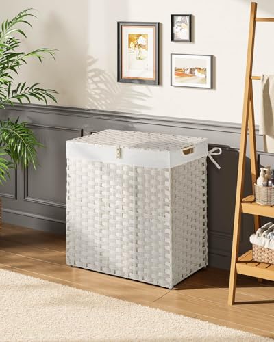 Greenstell Laundry Hamper with lid, No Install Needed, 110L Wicker Laundry Baskets Foldable 2 Removable Liner Bags, 2 Section Clothes Hamper Handwoven Rattan Laundry Basket with Handles, White - color: White, size: 110L (22.2x13.3x24.0 Inches)