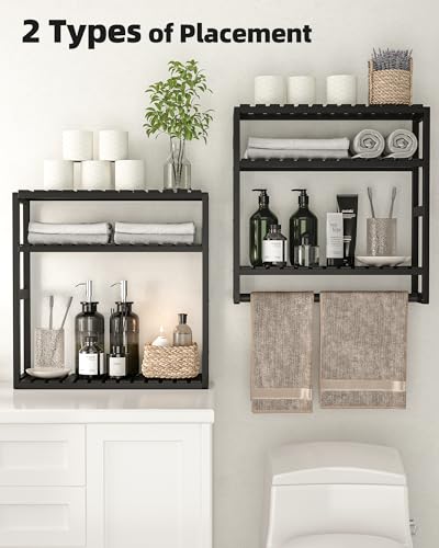 Galood Over The Toilet Storage Bathroom Shelves Wall Mounted 3 Tier Space Saver Corner Shelf Organizer Bamboo Towel Rack Toilet Paper Cabinet with Hanging Rod Black - color: Black 1pack, size: Standard