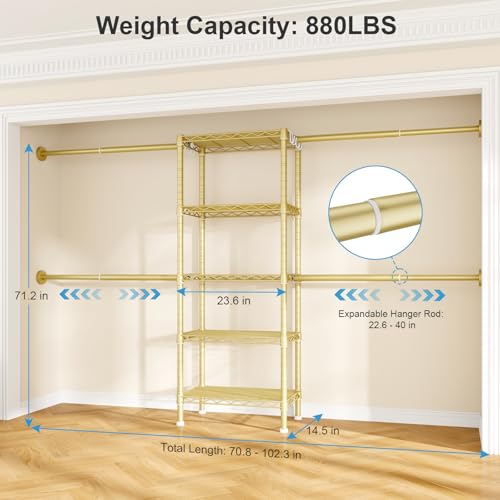 Ulif M2 Wall-Mounted Clothes Rack, Metal Closet System with 4 Expandable Hanger Rods and 5 Metal Shelves, Mount-on-Wall Clothing Storage Organizer in (70.8-102.3)" L x 14.5" D x 71.2" H, Gold - color: Gold, size: M2