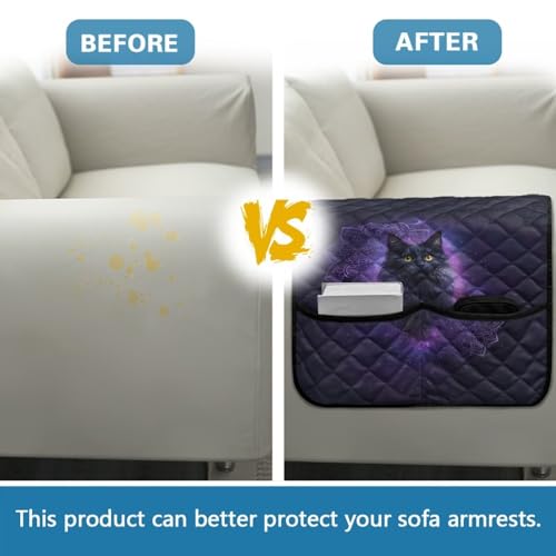 Boho Mandala Cat Galaxy Print Armrest Covers for Sofa Water Resistant Armrest Protectors with 2 Pocket Storage Non-Slip Sofa Armset Organizer for Magazine, Tablet, Phone - color: Boho Mandala Cat Galaxy