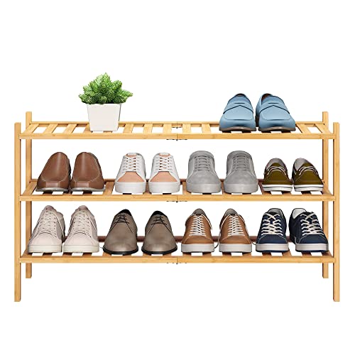 BMOSU 3-Tier Bamboo Extended Shoe Rack Premium Stackable Shoe Shelf Storage Organizer for Hallway Closet Living Room Entryway Organizer (Natural Bamboo) - color: Natural Bamboo, size: 3-Tier Long（33.3*11*18.3inches）