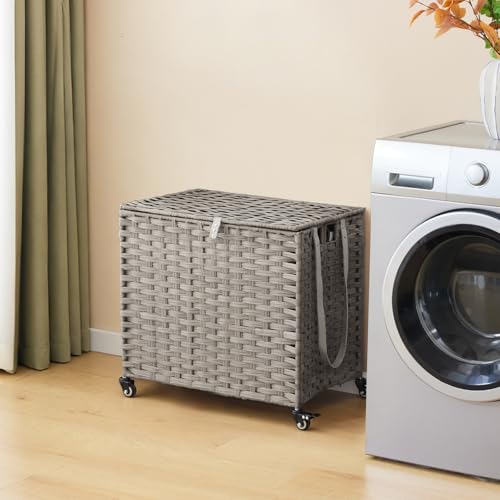 Laundry Hamper with Wheels, 34.3 Gallon(130L) Rolling Laundry Basket with Lid, 3-Section Rattan Clothes Hamper with 3 Removable Liner & 3 Mesh Bags, Laundry Sorter with Side Pocket, Grey - color: Grey, size: 130L（23.62 x 15.75 x 21.65 Inches）