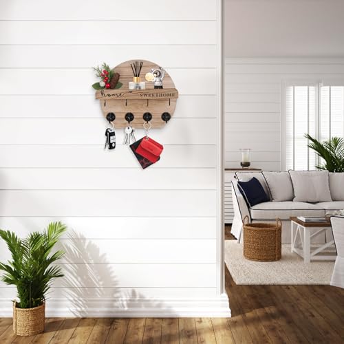 Key Holder for Wall, Key and Mail Holder Organizer - Key Holder Wall Mount with Bouquet Shelf and Key Hooks, Round Wooden Rustic Key Rack for Entryway and Home Decor (Wood) - color: wood