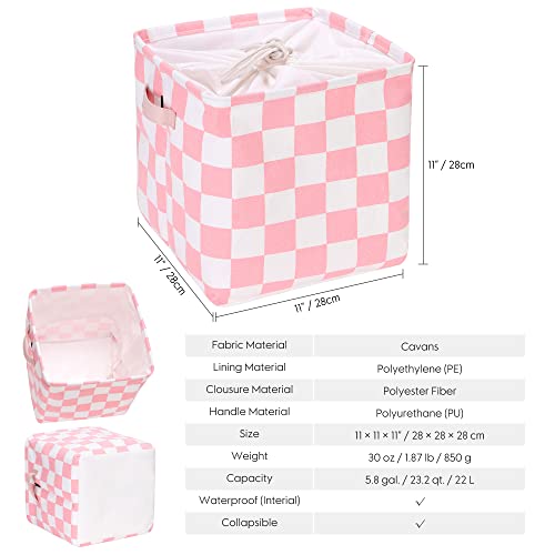 Hinwo 3-Pack Cubic Organizer Shelf Bins, Canvas Fabric Storage Baskets with Handles, 22L/5.8-Gal Square Storage Bins, Cubes, Collapsible Storage Box, 11 x 11 x 11 Inches (S, Pink Checkerboard) - color: Pink Checkerboard, size: S/11 x 11 x 11"/3-Pack