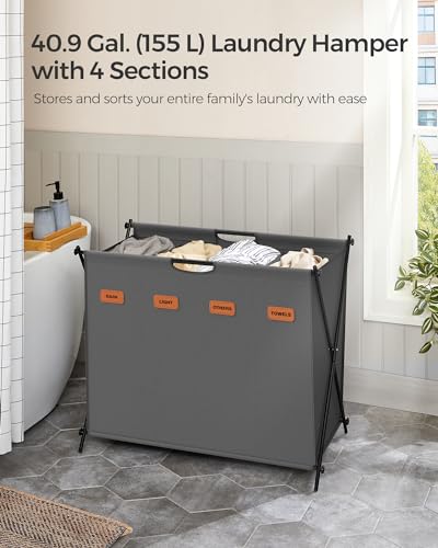 SONGMICS Laundry Hamper, Laundry Basket, 40.9 Gal. Laundry Sorter 4 Sections, Collapsible X-Frame, Clothes Organizer with Customizable Labels, Laundry Room, Bedroom, Bathroom, Slate Gray ULCB140G01 - color: Slate Gray, size: 155 L