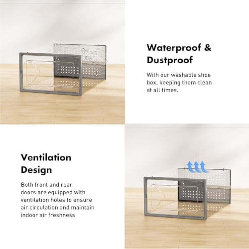 Foluck Shoe Storage Box, 15 Pack Clear Plastic Stackable Shoe Organizer for Closet, Interlocking Design Shoe Container Bins for Sneakers, Foldable Shoe Rack with Lids, Gray - color: Gray