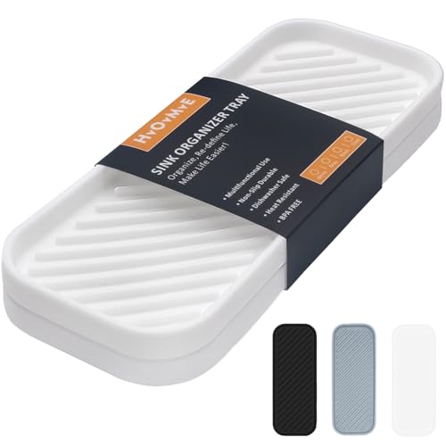 Silicone Organizer Tray, Soap and Sponge Holder for Kitchen Sink, Bathroom - Storage Tray for Dish Brush, Soap Dispenser, Dishwashing Accessories- 2 Pack (White) - color: White, size: 9.2 x 3.6 x 0.5 inches
