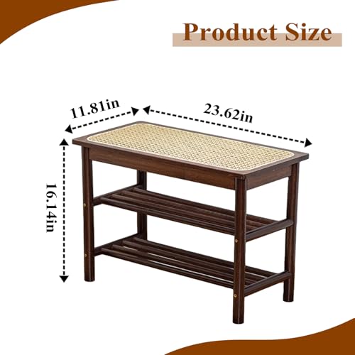 Bamboo Entryway Bench with Woven Rattan Seat, 2-Tier Shoe Storage Bench for Hallway & Entryway, 23.62 inches Walnut - color: Walnut, size: 23.6 inch