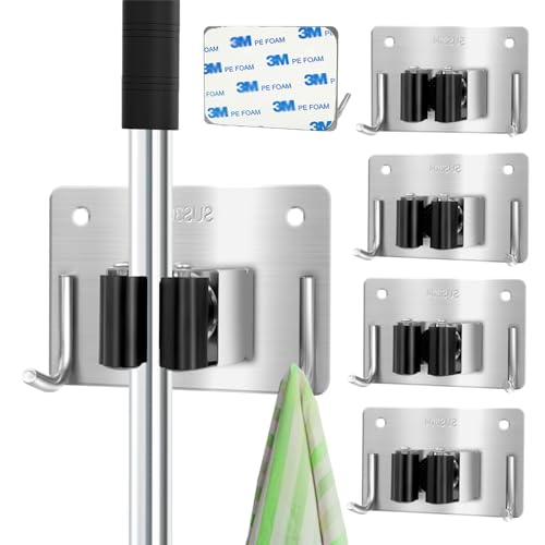 Mop and Broom Holder Wall Mount Stainless Steel 304 Tool Garage Organization Rack Scew and Self Adhesive Broom Hanger Heavy Duty 4pcs