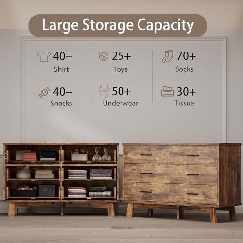 Xixini Dresser for Bedroom, 6 Drawer Wide Modern Chest of Drawers with X-Shaped Sturdy Base, Wood Double Dresser Closet Clothes Storage Organizer, Wooden TV Stand for Living Room, Hallway, Brown - color: Brown, size: 15.6"D x 47.2"W x 29.5"H (6 Drawers)