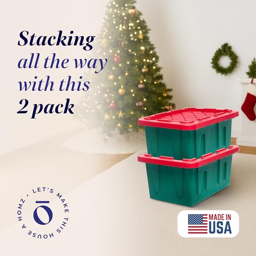 HOMZ 2-Pack Durabilt, Heavy Duty Plastic Storage Bins with Lids, 15 Gallon, Green/Red - Stackable Container Boxes for Holiday, Attic, and Garage Organization - color: Green Base/Red Lid, size: 15 Gallon (Pack of 2)