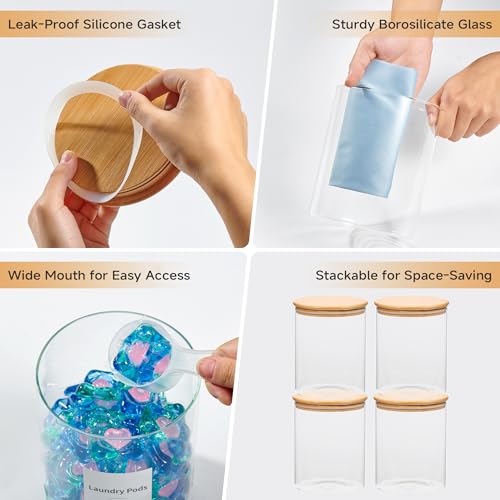 Glass Laundry Pods Container & Acrylic Dryer Sheet Holder with Bamboo Lids, Scoops & Labels | Premium Laundry Room Organization and Storage for Detergent Pods, Powder, Dryer Balls & Beads - color: Bamboo Cap