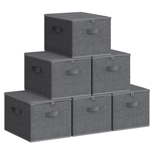 SONGMICS Foldable Storage Organizer Boxes, Set of 6 Storage Basket Bins with Lids, Handles, Clothes Organizer, 15.7 x 11.8 x 9.8 Inches, Non-Woven Fabric, Slate Gray URZB003G02 - color: Slate Gray, size: 6 Pack (15.7''L x 11.8''W x 9.8''H)