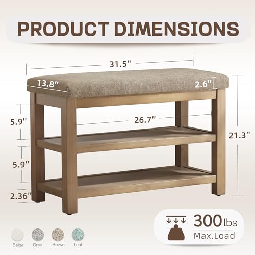Zihanhome 2 Tier Shoe Rack Bench with Cushion, Solid Wood Shoe Benches, Mid-Century Modern Shoe Storage Bench for Entryway, Hallway, Living Room, Closet, Front Door Entrance, (Brown, 31.5") - color: Brown, size: 31.5"