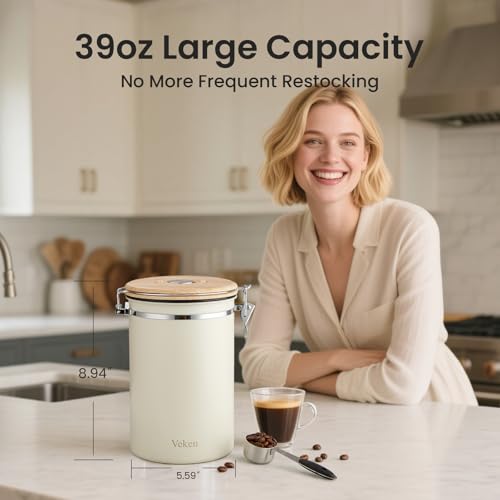 Veken Coffee Canister, 39OZ Large, Mothers Day Gifts For Women, Airtight Stainless Steel Food Storage Container for 2.2lbs Coffee Beans, Ground, Sugar, Tea, Flour, Cereal,Kitchen Bar Accessories,Cream - color: Cream, size: 39 oz