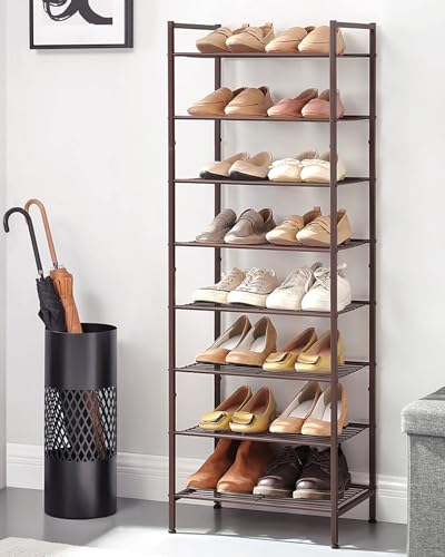 SONGMICS Narrow Shoe Rack - Sturdy 8 Tier Metal Tall Shoe Rack Shelf, Slim Shoe Storage Organizer for Closet Entryway Small Spaces, Bronze, 12"D x 17.6"W x 50.6"H - color: Bronze