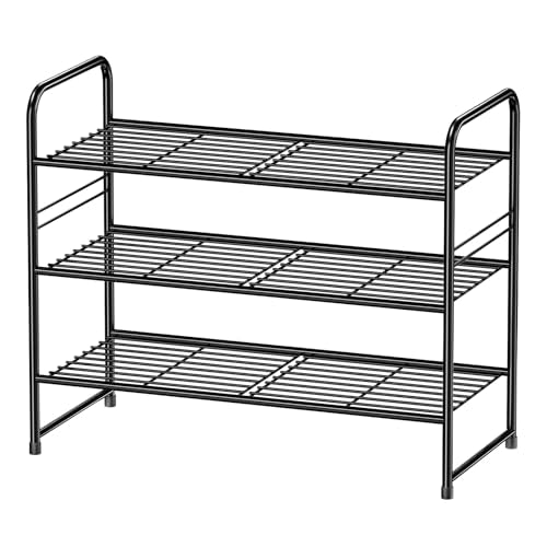 Shoe Rack, Closet Metal 27 Inch Wide 3 Tier Metal Shoe Organizer for Entryway, Stackable & Adjustable, Black