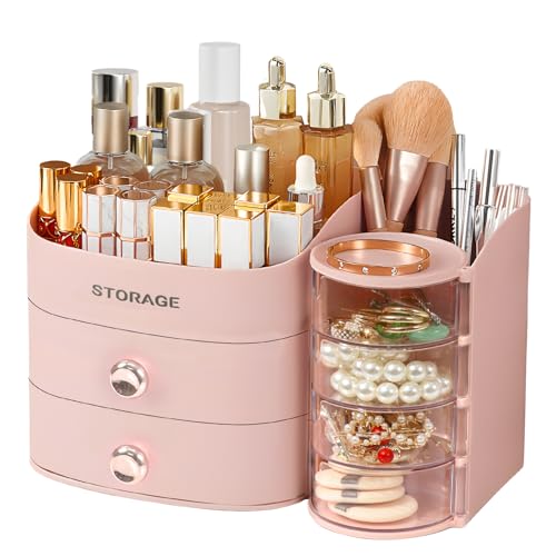 Makeup Organizer Countertop with Drawers, Make up Organizers for Vanity, Skincare Jewelry Earring Organizers, Cosmetic Display Cases Makeup Storage for Bedroom & Bathroom, Ideal Gifts for Women(Pink) - color: Pink
