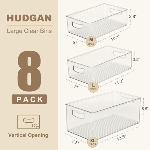 Hudgan 8 Pack Pantry Organizer and Storage, 2 Extra Large Stackable Freezer Organizer Bin, 3 Large Clear Storage Bin and 3 Medium Plastic Container for Home Edit, Kitchen Cabinet, Bathroom Shelf - size: 2XL+3L+3M