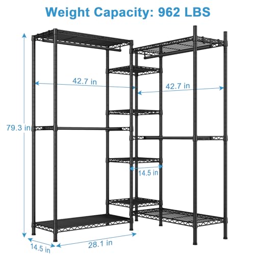 Ulif E4L L-shaped Clothes Rack for Corner, Heavy Duty Freestanding Garment Rack, Metal Clothing Organization Storage System with Shelves and Hangers, Max Load 962lbs, 42.7"W x 42.7"D x 79.3"H, Black - color: Black