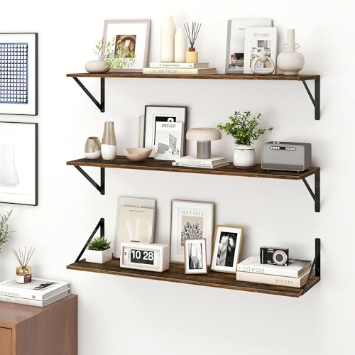 Fun Memories Deep Floating Shelves for Wall, 36W x 8D Wall Mounted Shelves Set of 2, Wide Display Ledge Shelf with Sturdy Metal Brackets for Living Room, Bathroom, Bedroom and Kitchen, Rustic Brown - color: A-rustic Brown, size: 36"W x 8"D