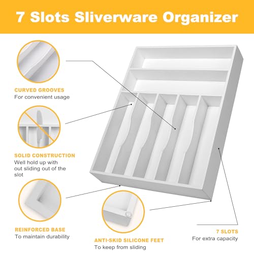 Kitchen Bamboo Silverware Organizer, Kitchen Drawer Organizer - Utensil Holder and Cutlery Tray with Grooved Drawer Dividers for Flatware 7 Slot, White - color: White, size: 7 Slots
