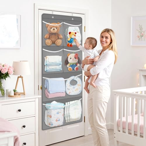 SpaceHacks Stuffed Animal Storage - Large Over the Door Organizer with 6 Expandable Mesh Pockets & Metal Hooks, Non-Woven Fabric Hanging Plush Items Holder for Nursery, Bedroom, Playroom (Gray) - color: Grey