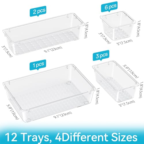 ElegantArray 12 PCS Drawer Organizer Set, 4 Sizes Tool Storage Trays, Clear Plastic Makeup Vanity Organizer and Storage Bins for Makeup, Stationeries, Multiple Gadgets for Bathroom, Office, Bedroom - color: Milky, size: 12 PCS