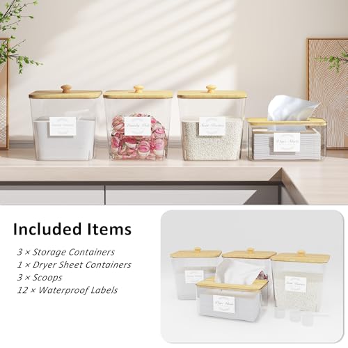 Vincona Laundry Room Organization and Storage, Laundry Pods Container and Dryer Sheet Holder with Bamboo Lids and Labels, Laundry Organizer with Scoops for Booster Beads, Powder, Pods, 3+1 Pack - size: 3+1 Pack