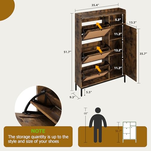 GarveeHome Shoe Cabinet Rattan with 3 Flip Drawers and 4-Tier Shoe Storage Cabinet, Freestanding Shoe Organizer with Adjustable Shelves for Entryway, Closet, Hallway (Brown) - color: Brown, size: 3-Drawers + 1-Door
