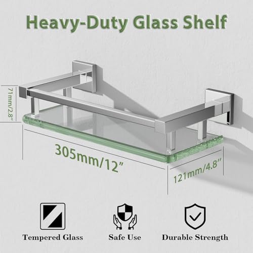 Alise Glass Shelves for Bathroom Wall, Tempered Glass Bathroom Shelf Wall Mounted, Modern Space Saving Floating Shelves 12 inch, Polished Chrome - color: Polished Chrome, size: 12 inch