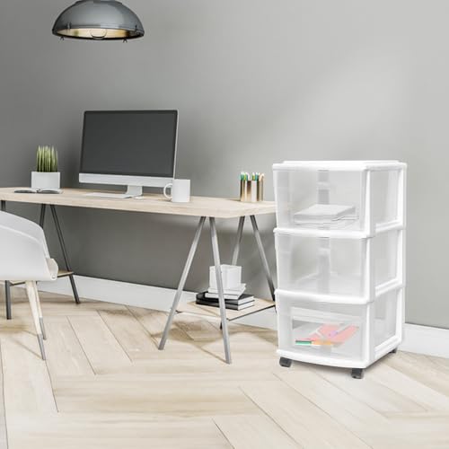HOMZ Drawer Tower, 3-Tier Rolling Storage Cart with Removable Wheels, White Frame – Plastic Organizer with Clear Bin Drawers for Bedroom, Bathroom, Home Office, and Dorm Room - color: White, size: 1 Pack