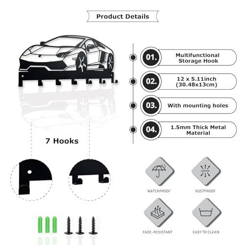 Metal Car Key Holder for Wall,Metal Key Organizer Wall Decorative with 7 Hooks,Black Wall Mount Key Holder for Entryway,Front Door,Hallway,Office - color: Car