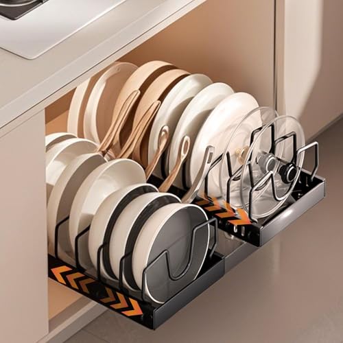 Pots and Pans Organizer Under Cabinet 2 Pack, Pull-Out Cabinet Organizer for Pot Lids, Bakeware, Dishes, 8 Adjustable Dividers (Black - color: Black