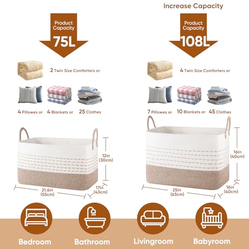 OIASKET 75L Large Cotton Rope Blanket Basket, Soft Baby Storage Basket for Toys, Pillow and Clothes，Decorative Woven Laundry basket with Handles for Living Room-Brown & White - color: Brown & White, size: 75L