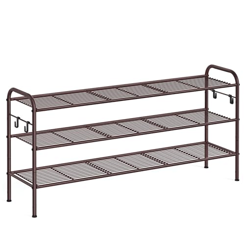 SONGMICS Shoe Rack, 3-Tier Shoe Organizer, Metal Shoe Shelf Storage with 4 Side Hooks, Holds 18 Pairs of Shoes, Height-Adjustable Shoe Rack for Entryway, Hallway, Closet, Chestnut Brown ULMR131A01 - color: Chestnut Brown, size: 3 Tiers (44.9"W)