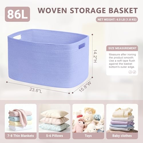 86L Large Baby Girls Laundry Basket for Nursery Storage,Cute Woven cotton Rope Baskets for Kids Toy，Gifts, Boho Square Wicker Blanket hamper for Living Room,Bedroom Dirty Clothes,Blue Purple - color: Blue Purple, size: 86L