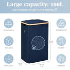 LONBET Laundry Basket with Lid, Made from Breathable Fabric | Aesthetic Clothes Hampers for Laundry with Side Handles & Sturdy Bamboo Frame (26 Gallons - Single, Blue) - color: Blue, style: 26 Gallons - Single