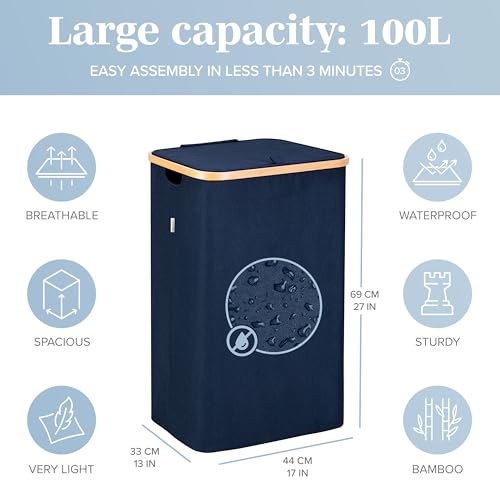 LONBET Laundry Basket with Lid, Made from Breathable Fabric | Aesthetic Clothes Hampers for Laundry with Side Handles & Sturdy Bamboo Frame (26 Gallons - Single, Blue) - color: Blue, style: 26 Gallons - Single