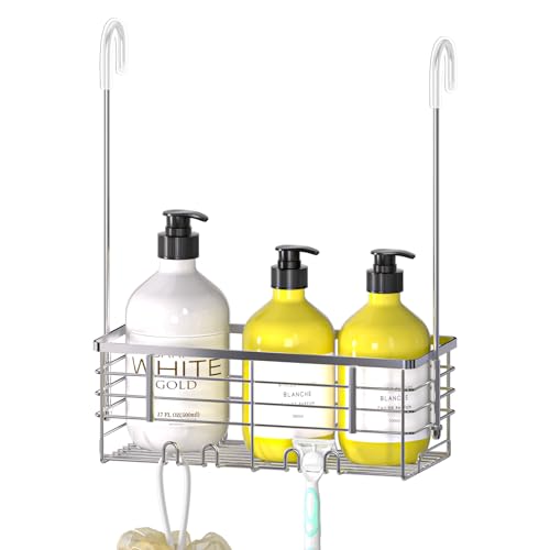 DELLAN Hanging Shower Organizer, Shower Rack with Hooks Over the Door, Bathroom Shower Caddy and Basket - color: Silver, size: 11"D x 4.7"W x 3.9"H