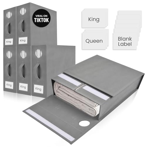TOSORO 6 Pack Bed Sheet Organizer and Storage, Foldable Storage Organizer for Linen Closet with Viewing Window & Label for Bedding Sheets & Blankets (Queen & King Size) Gray - color: Grey, size: 6 Pack