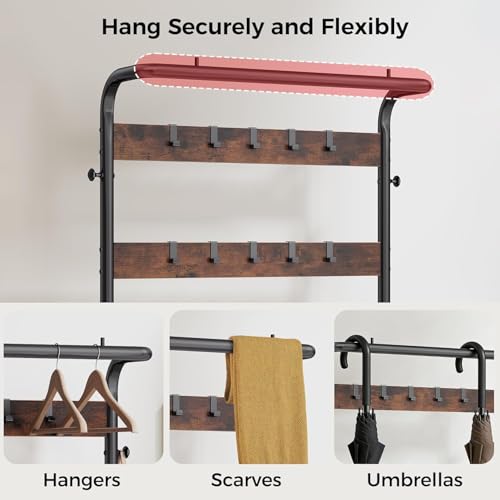 Hall Tree with Bench and Shoe Storage, 4-in-1 Entryway Organizer with 10 Hooks and Storage Shelf,Coat Rack Freestanding with 2-Tier Storage Shelf for Living Room, Bedroom Rustic - color: Rustic