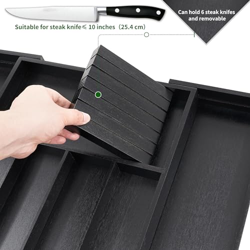 VaeFae Bamboo Silverware Drawer Organizer Kitchen, Expandable Utensil Organizer with Knife Block, Cutlery Tray with Divider, Multifunctional Drawer Organizer (Black) - color: Black, size: Large - Expandable with Block
