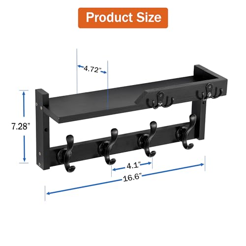 dreampossible Coat Rack Wall Mount with Shelf, Coat Hanger Wall Mount with Key Hooks and Mail Holder, Wood Entryway Floating Shelf with Hooks and Storage, Hat Rack for Wall Key Holder Mail Organizer - color: Black, size: 16.6 Inch Long
