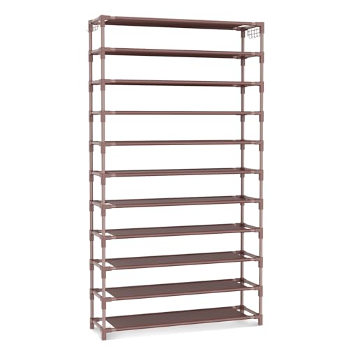 VILICK 11 Tiers Tall Wide Shoe Rack 55 Pairs Large Capacity Sturdy Durable Shoe Rack for Closet Metal Shoe Organizer Shelf with Two Hooks Space Saving for Entryway Brown - color: Brown